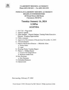 01 16 2024 CHA Agenda Claremont Housing Authority